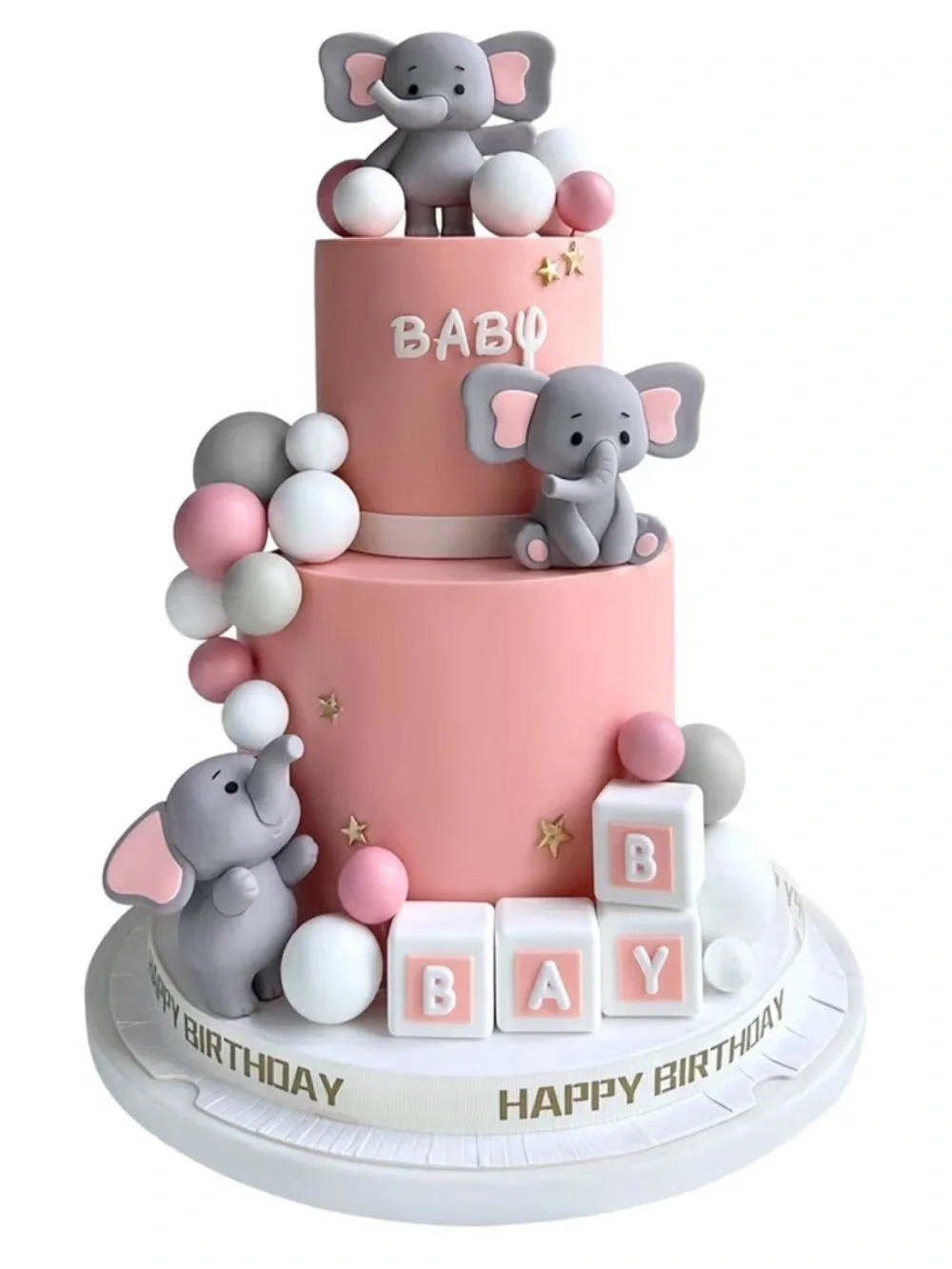 Zafena Pastel Balloon & Elephant Cake Topper Set - Pink, White, Gray Baby Shower